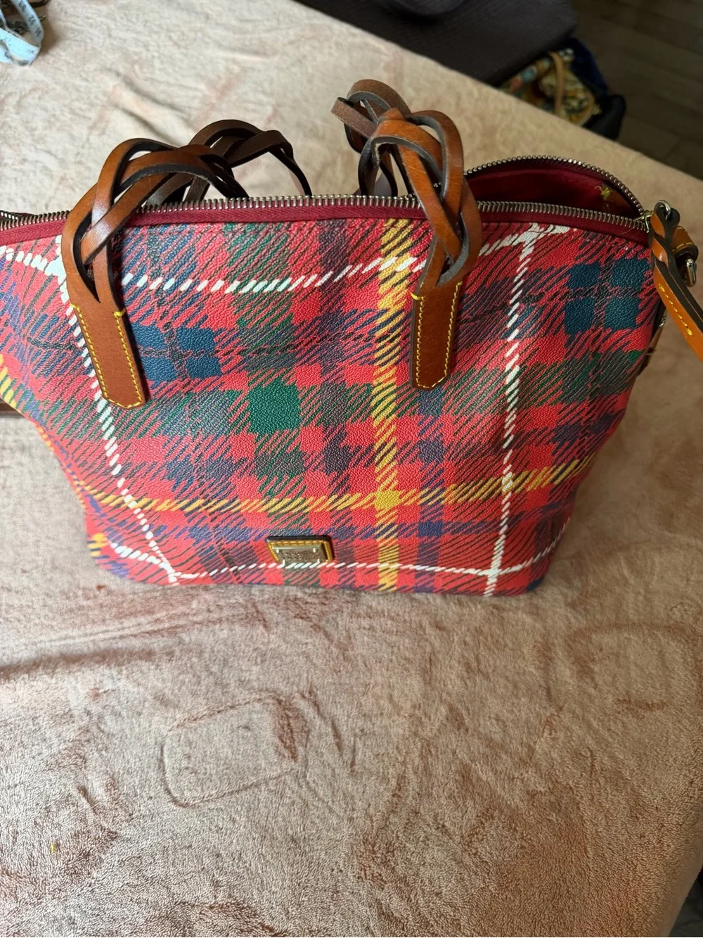 Dooney & Bourke Red Tartan Plaid Tote with Brown Leather Trim